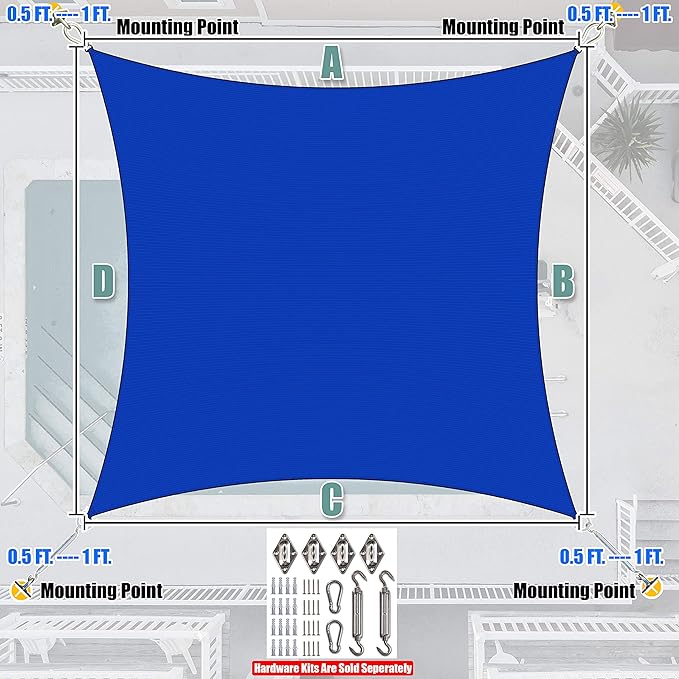 Amgo Custom Size 22' x 23' Blue Rectangle Square Sun Shade Sail UPF50+ - Image 7
