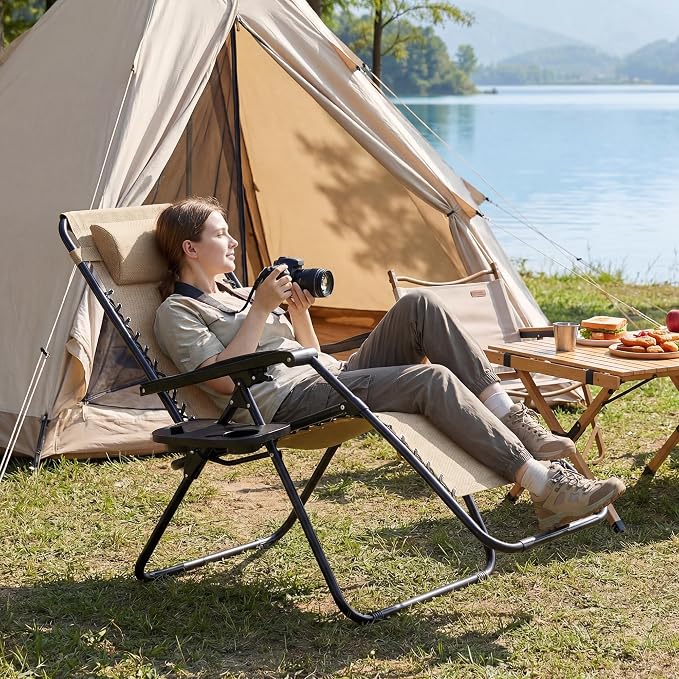 Alpen Set of 2 Outdoor Camping Chairs, Lounge Zero Gravity Chair, Khaki | - Image 7