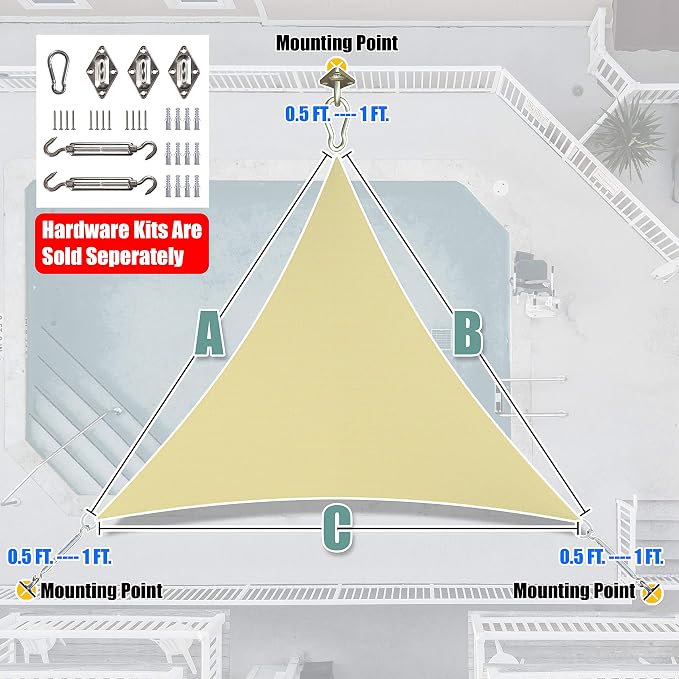 Amgo 28' x 28' x 28' Beige Triangle Sun Shade Sail Outdoor Canopy Awning UPF50+ - Image 6