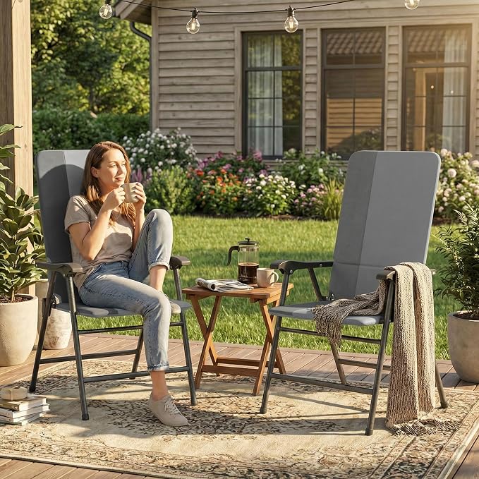 Outsunny Folding Patio Chairs Set of 2 Padded High Back Armrests Light Gray | - Image 9