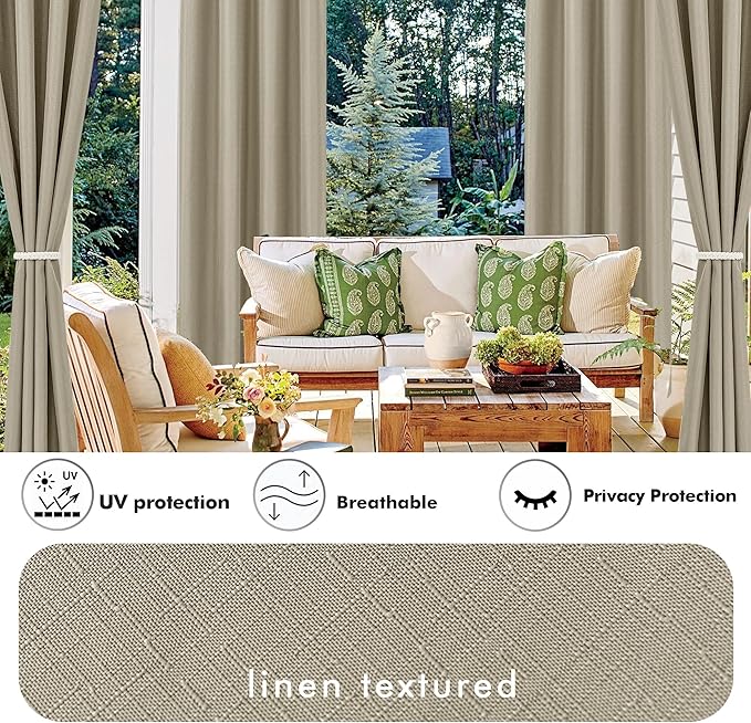Linen Outdoor Curtains for Patio Waterproof 2 Pcs 54x95 In Taupe | Light - Image 3
