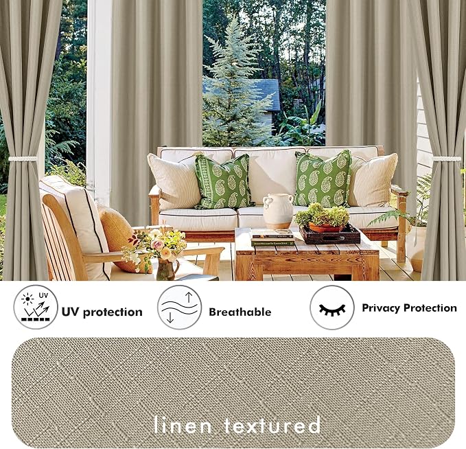 Linen Outdoor Curtains for Patio Waterproof 4 Pcs 54x108 In Taupe | Light - Image 3