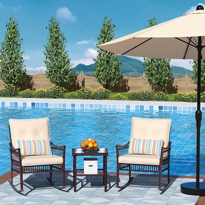 DECMICO 3-Piece Patio Furniture Set, Wicker Rocking Chairs by DECMICO
