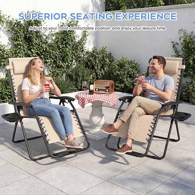 Set of 2 Adjustable Zero Gravity Lounge Chairs Outdoor Recliner w/Cup Holder - Image 7