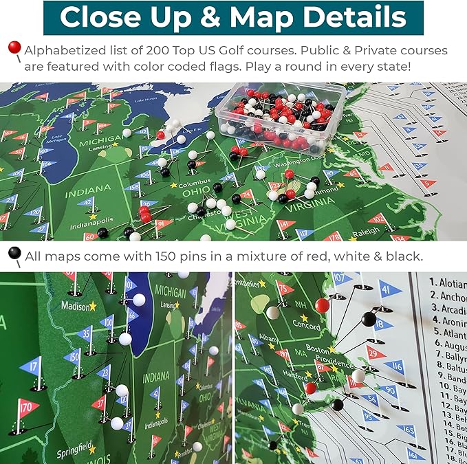 Push Pin Travel Maps Customizable Wall Art - Top Golf Courses USA Map - Solid Wood Cherry - Framed Pin Map, Includes 150 Pins - Handcrafted in USA - 27.5" x 39.5"