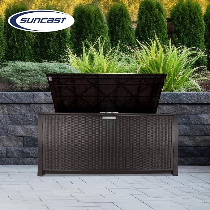 Suncast 99 Gallon Plastic Wicker Deck Box Container Storage - Image 5