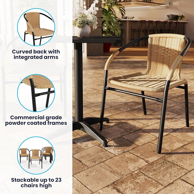 EMMA + OLIVER Beige PE Rattan Stackable Patio Dining Chair, Indoor/Outdoor Use - Image 5