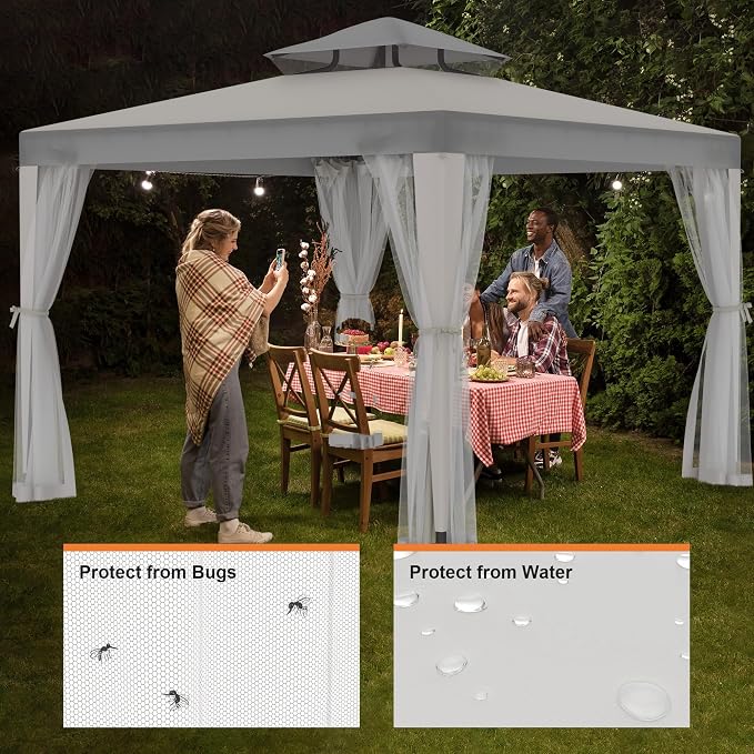 10’x10’ Patio Gazebo Canopy Tent w/Removable Netting, Ventilated Double-tier Top - Image 6