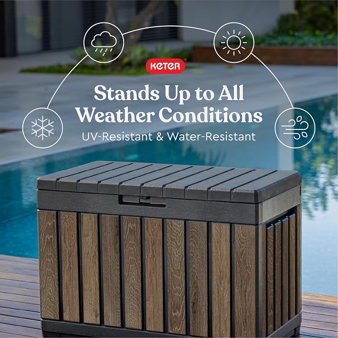 Keter Premium Everwood 50 Gal Outdoor Storage Box and Patio Side Table | Walnut - Image 3