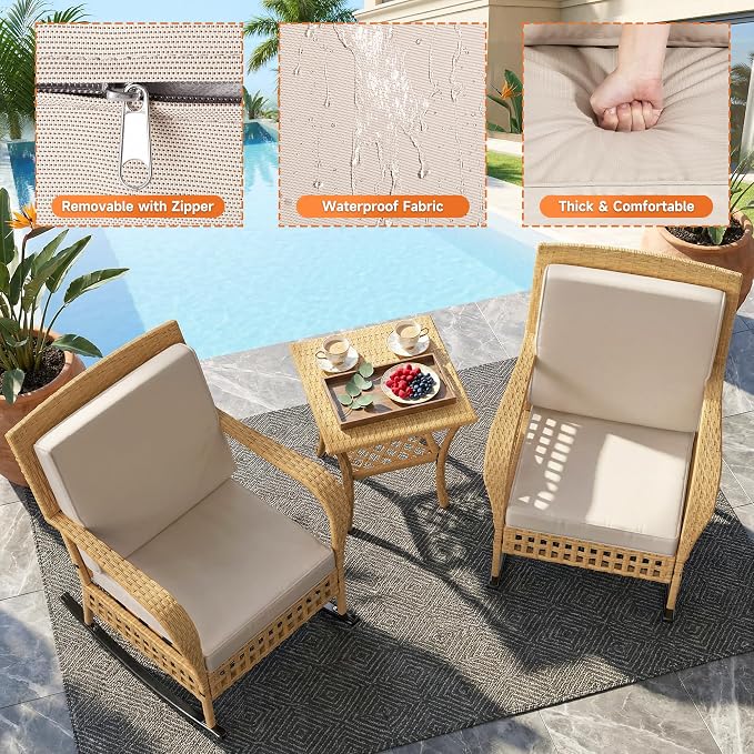 DECMICO Outdoor Rocking Chair Set, 3-Piece Wicker Patio Furniture | Elegant - Image 5