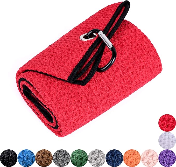 Mile High Life Microfiber Waffle Pattern Golf Towel | Club Groove Cleaner Brush | Foldable Divot Tool with Magnetic Ball Marker (Red Towel/Brush/Bone Divot)