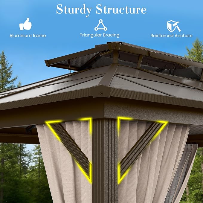 10'x13' Hardtop Gazebo, Outdoor Polycarbonate Double Roof Canopy, Aluminum - Image 5