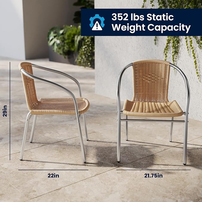 EMMA + OLIVER Aluminum and Beige Rattan Indoor-Outdoor Stack Chair | Outdoor - Image 2