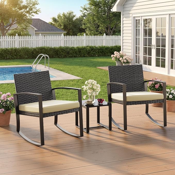 Qsun 3 Pieces Porch Furniture Set Patio Rocking Bistro Set Outdoor Patio Chairs - Image 7