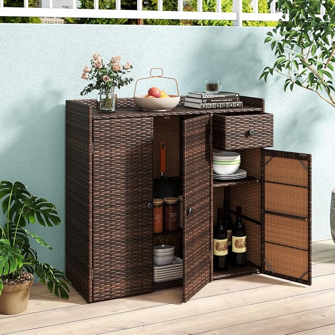 Tangkula Rattan Outdoor Storage Cabinet, Patiojoy Outdoor Cabinet - Image 2