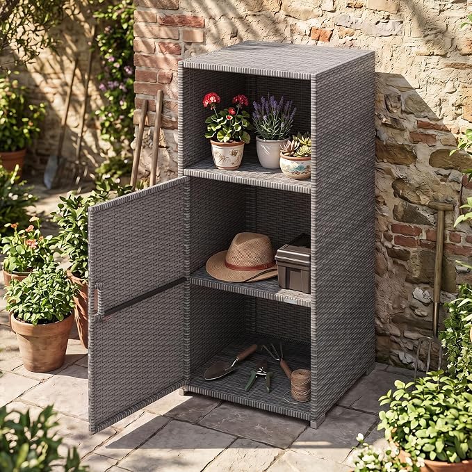 Tangkula Rattan Outdoor Storage Cabinet, Patiojoy PE Wicker Outdoor Cabinet - Image 9