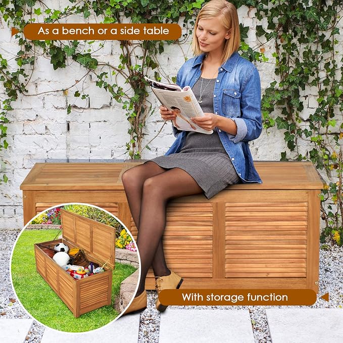 DREAMADE 47 Gallon Deck Box, Acacia Wood Outdoor Storage Bench, Natural | Patio - Image 6
