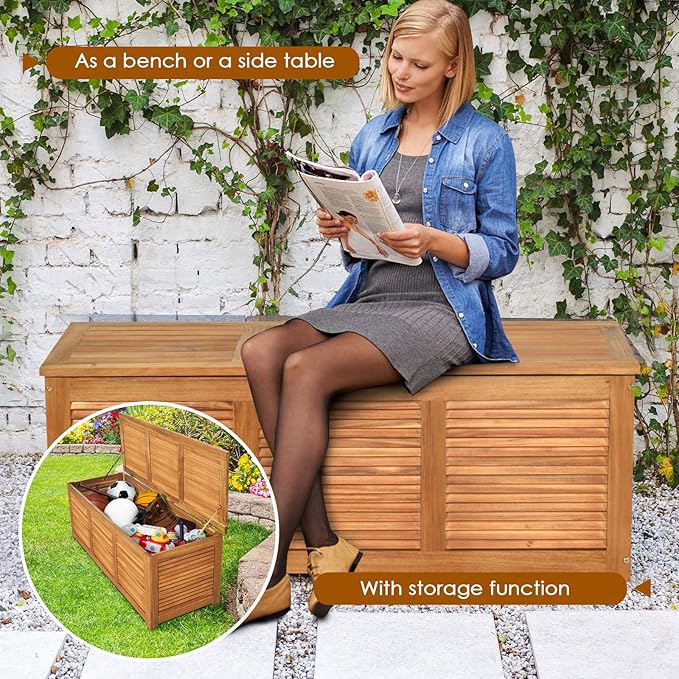 Tangkula 46 Gallon Acacia Wood Deck Box, Garden Backyard Storage Bench - Image 6