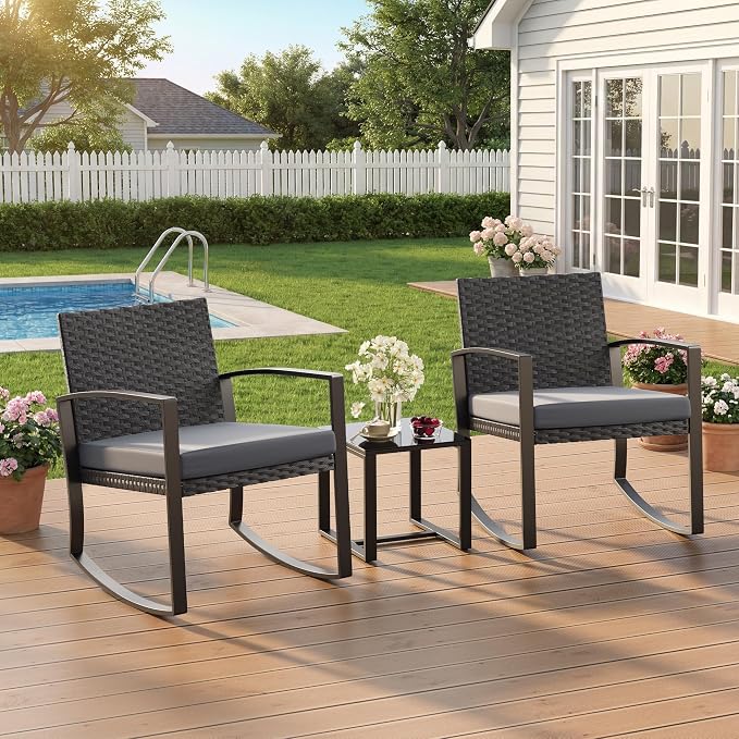 Qsun 3 Pieces Patio Furniture Set Rocking Bistro Set Outdoor Rattan Conversation - Image 7