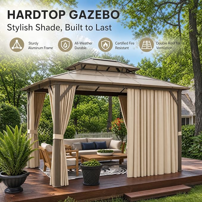 GAOMON 10x12ft Gazebo, Hardtop Outdoor Canopy Aluminum Frame Permanent Gazebo - Image 3