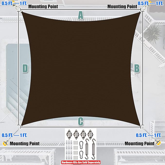 Amgo 16' x 16' Brown Rectangle Sun Shade Sail Canopy Awning UPF50+ AGTAPR0810 - Image 7