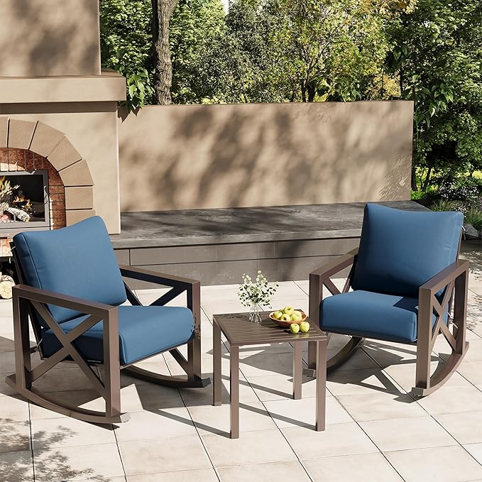 UDPATIO Rocking Chair Outdoor Oversized Metal Bistro Set 6.5" Cushion Navy | 3 - Image 2