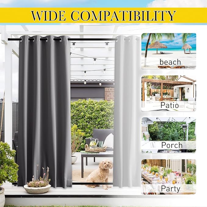 NICETOWN 2 Panels Outdoor Curtains Waterproof Bottom Fixed W46xL90 Grey | - Image 7