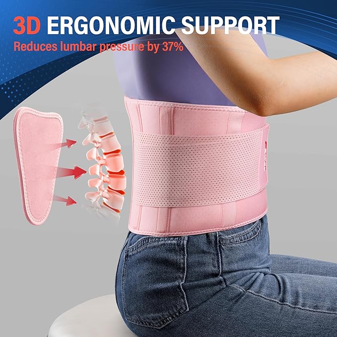 FEATOL Back Brace for Lower Back Pain, Breathable Back Support Belt for Women & Men with Lumbar Pad, Lumbar Support Belt for Heavy Lifting & Work, Pink, 3XL (Circumference:54-63")