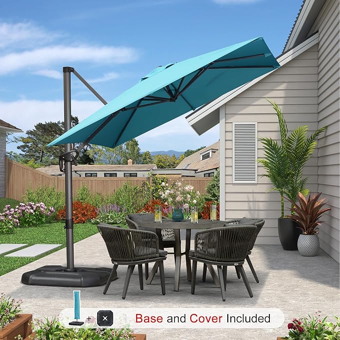 PURPLE LEAF Umbrella with Base and Cover 8' x 8' Sun Protection Turquoise | - Image 2