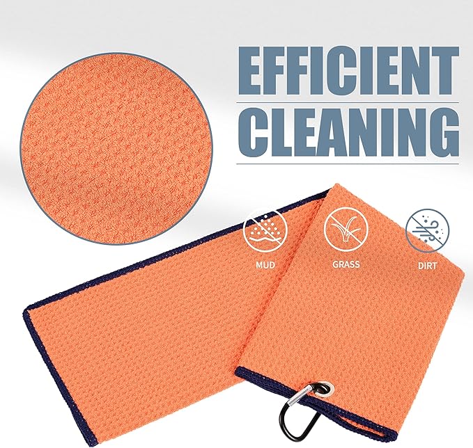 Mile High Life Tri-fold Golf Towel | Premium Microfiber Fabric | Waffle Pattern | with Heavy Duty Carabiner Clip | Golf Towel for Men and Women (Orange)