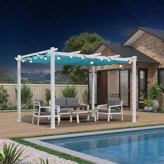 PURPLE LEAF Outdoor Pergola 10' x 13' Retractable Sun Shade, Turquoise Blue | by PURPLELEAF