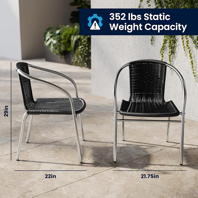 Emma + Oliver Aluminum and Black Rattan Indoor-Outdoor Stack Chair | Outdoor - Image 2