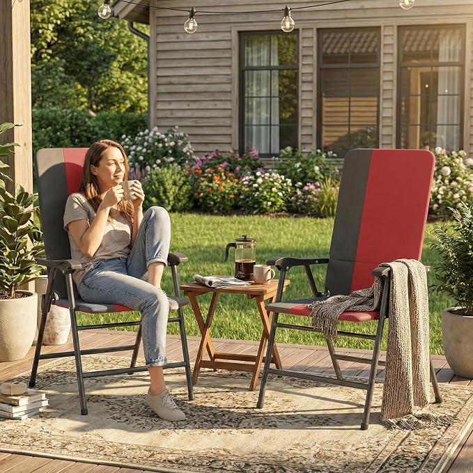 Outsunny Folding Patio Chairs Set of 2 Padded High Back Armrests Red | Folding - Image 9