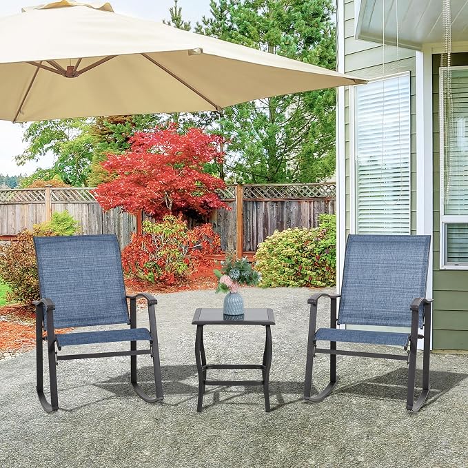 Vongrasig 3 Piece Outdoor Rocking Bistro Set, Textilene Fabric Small Patio - Image 9