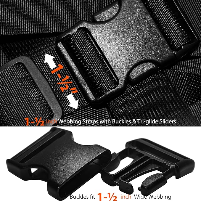 1-1/2" Straps and Buckles Set: 6 yard Nylon Webbing 1.5 inch (38 mm) Wide, 4 pack Side Release Buckle, 8 pcs Tri-Glide Sliders, Plastic Clip Fasteners Replacement Heavy Duty Dual Adjustable No Sew