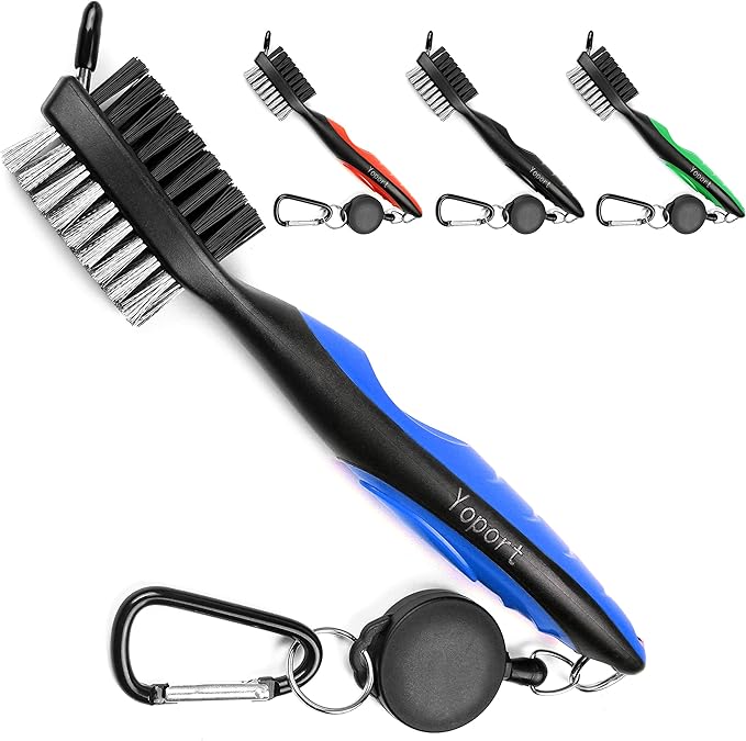 Yoport® Golf Club Brush and Club Groove Cleaner 2 Ft Retractable Zip-line Aluminum Carabiner, Lightweight and Stylish, Ergonomic Design, Easily Attaches to Golf Bag