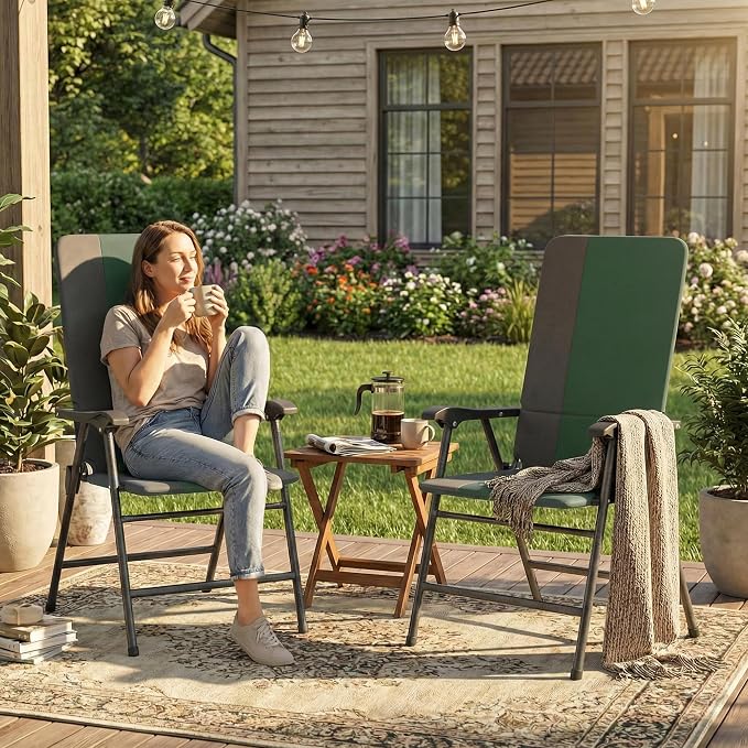 Outsunny Folding Patio Chairs Set of 2 Padded High Back Armrests Dark Green | - Image 9