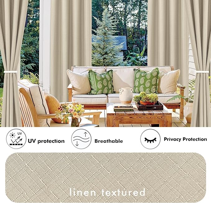 Linen Outdoor Curtains for Patio Waterproof 4 Pcs 54x84 In Cream | Light - Image 3