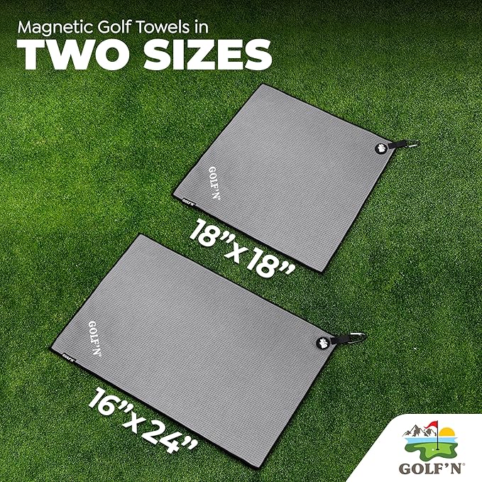 Golf'N Microfiber Towel - Magnetic Golf Towel Dark Gray 18" x 18" Golf Towels for Golf Bags with N52 Heavy Duty Magnets, Carabiner Clip & Cross Stitched Reinforced Loop, Premium Golf Accessories